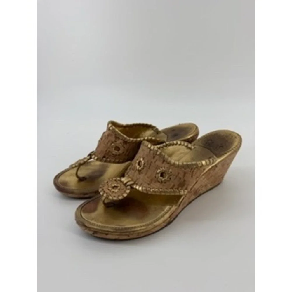 Jack Rogers Cork Wedge Sandals Gold Whipstitch Thong Slides Womens 7M